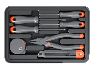 Hardware Tool Set With Screwdrivers Pliers Tape Measure In Gray Orange Toolbox 3d model