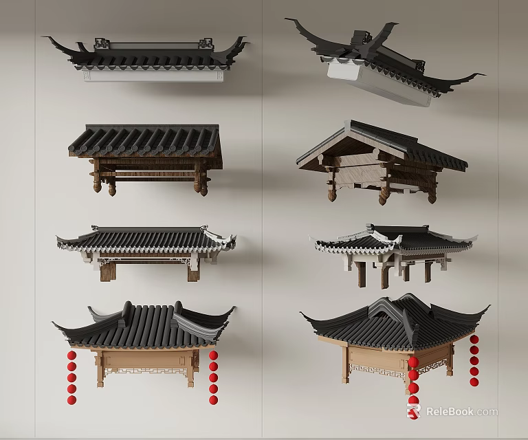 Chinese Traditional Architectural Roof Styles With Curved Eaves And Red Lantern Decorations 3d model 