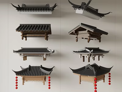 Chinese Traditional Architectural Roof Styles With Curved Eaves And Red Lantern Decorations 3d model