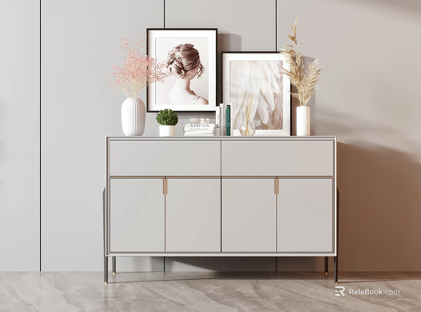 Modern White Console Cabinet with Vase Pink Flowers Framed Art Small Plant And Books 3d model 