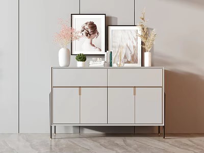 Modern White Console Cabinet with Vase Pink Flowers Framed Art Small Plant And Books 3d model
