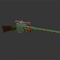 Tactical Weapon Featuring Red Wooden Stock Silver Barrel And Yellow Black Stripes With Scope