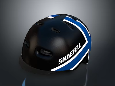 Black Tactical Weapon Helmet Featuring Blue White Stripes And SNAEFEL Branding 3d model