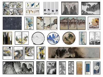 Traditional Chinese Ink Landscape Wall Art With Various Shapes And Multiple Panels 3d model
