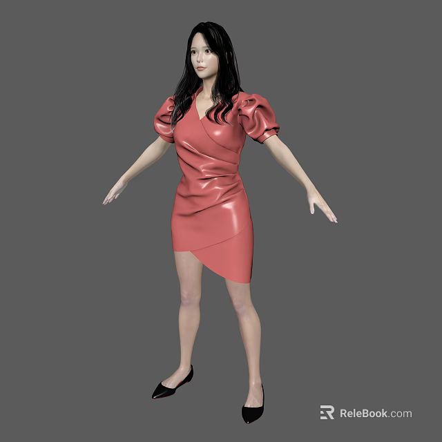 Stylish Woman In Red Short Dress With Puffed Sleeves And Black Heels Standing Gracefully 3d model 