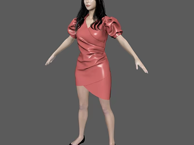 Stylish Woman In Red Short Dress With Puffed Sleeves And Black Heels Standing Gracefully 3d model