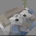 Modern Sofa and Coffee Table Set with Brown Beige Chairs Blue Ottomans Green Plant Rug