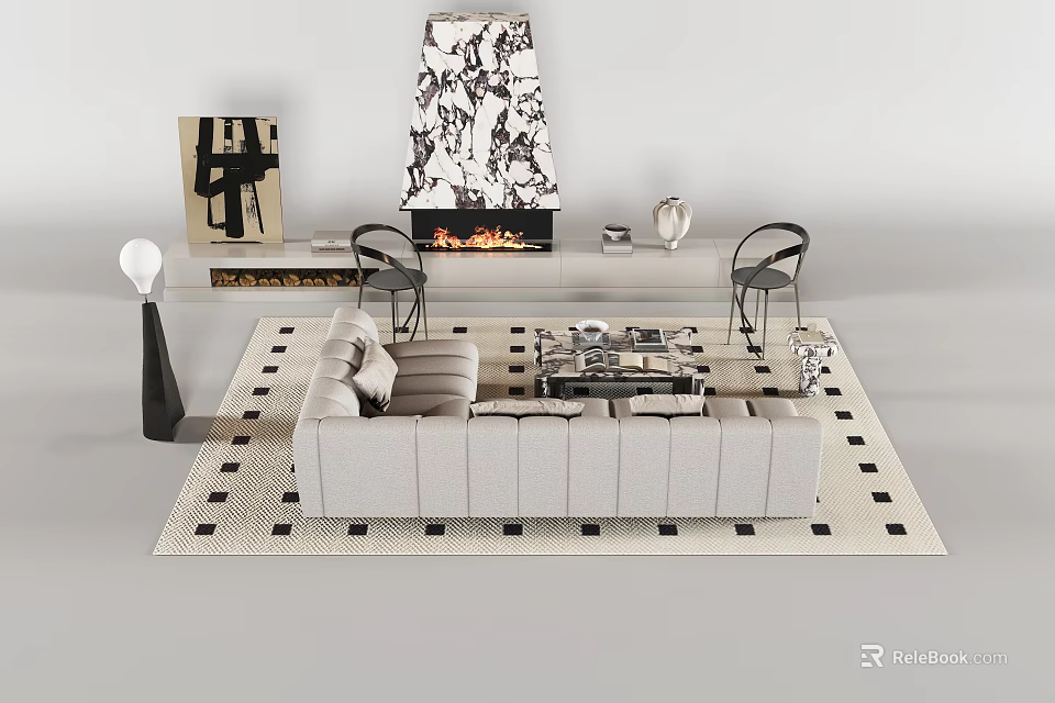 Modern Light Gray Sofa Coffee Table Set With Black White Checkered Rug And Fireplace Decor 3d model 