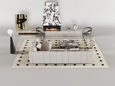 Modern Light Gray Sofa Coffee Table Set With Black White Checkered Rug And Fireplace Decor 3d model