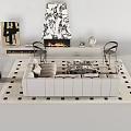 Modern Light Gray Sofa Coffee Table Set With Black White Checkered Rug And Fireplace Decor