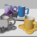 Colorful Modern Cups With Purple Blue Silver Yellow Hues Unique Handles And Irregular Trays