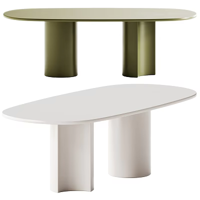 Modern White Oval Dining Table With White Legs And Green Pillars 3d model