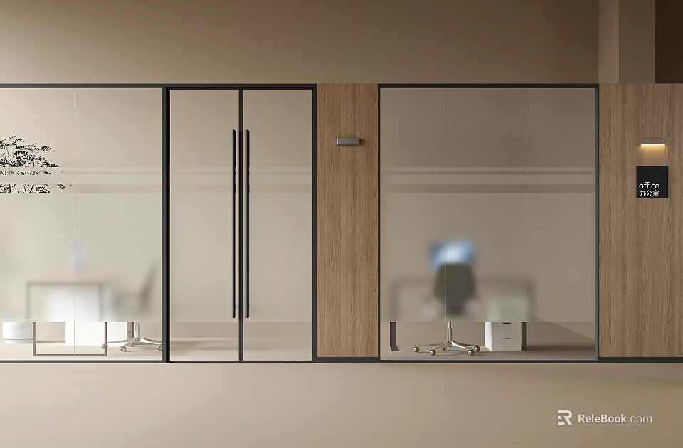 Modern Glass Partition With Wooden Frame And Sliding Doors For Office Space 3d model 