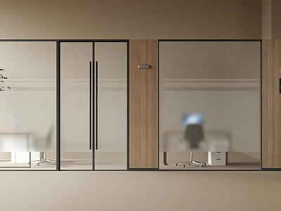 Modern Glass Partition With Wooden Frame And Sliding Doors For Office Space 3d model