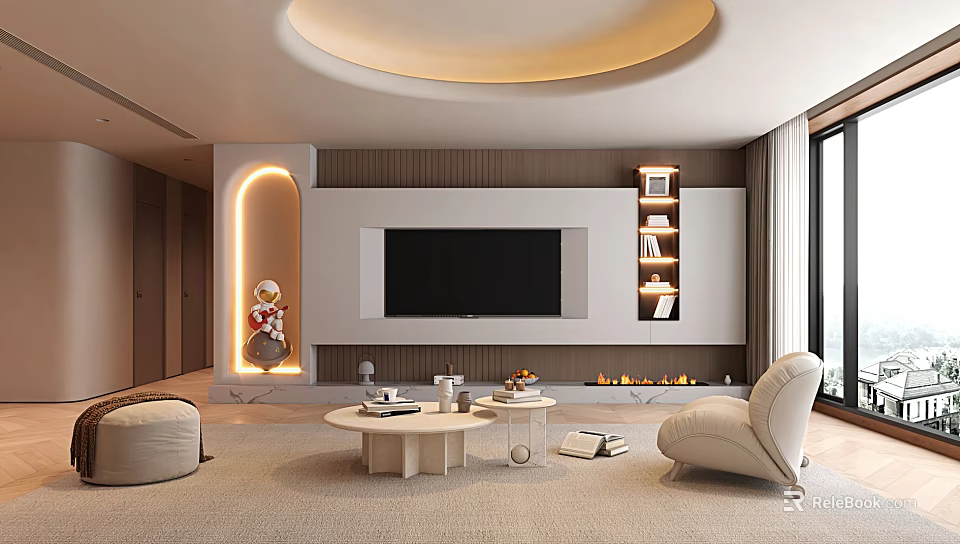 Modern Living Room Interior With Curved Ceiling Light TV Wall Shelves And Round Coffee Table 3d model 
