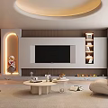 Modern Living Room Interior With Curved Ceiling Light TV Wall Shelves And Round Coffee Table
