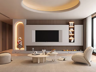 Modern Living Room Interior With Curved Ceiling Light TV Wall Shelves And Round Coffee Table 3d model
