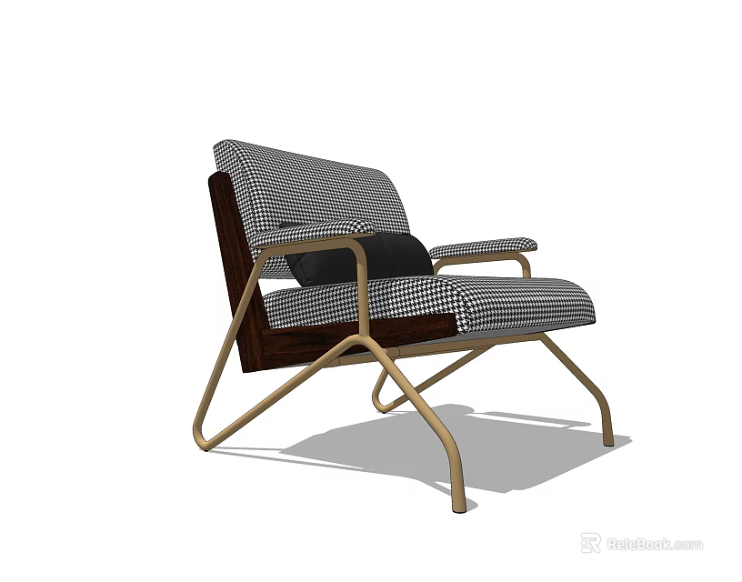 Modern Single Sofa With Houndstooth Pattern Fabric Brass Frame And Black Cushion 3d model