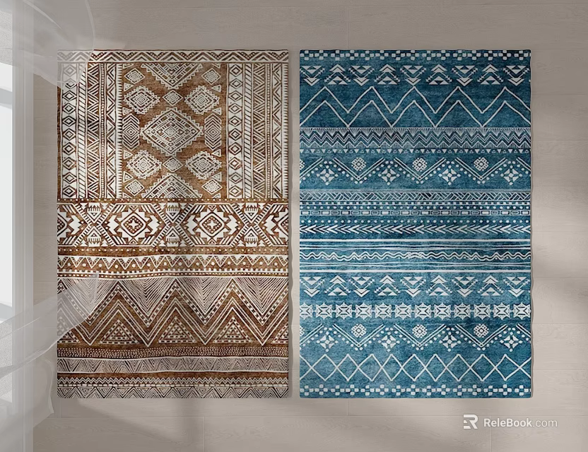 Square Rugs With Traditional Geometric Patterns In Brown Beige And Blue Colors 3d model 