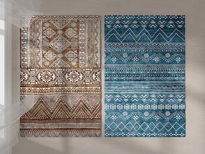 Square Rugs With Traditional Geometric Patterns In Brown Beige And Blue Colors 3d model