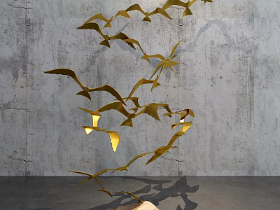 Golden Bird Ornament Decoration Set in Dynamic Flying Posture Against Gray Concrete Wall 3d model