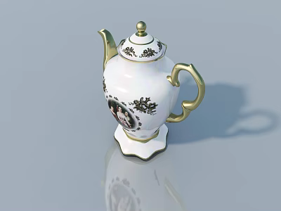 Elegant White Teapot With Gold Decorations And Black Patterns On Reflective Surface 3d model