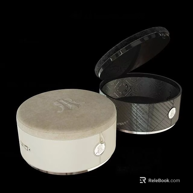 Beige And Black Two Piece Decorative Round Lid Jewelry Box Set With Silver Pendant 3d model 