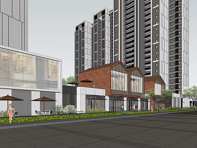 Modern Commercial Street With High Rise Buildings Red Brick Storefronts Outdoor Seating And Pedestrian Walkways 3d model