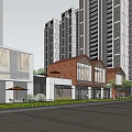 Modern Commercial Street With High Rise Buildings Red Brick Storefronts Outdoor Seating And Pedestrian Walkways