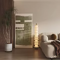 Modern Natural Living Room Interior With Sofa Wooden Coffee Table Rattan Chair And Slatted Wall