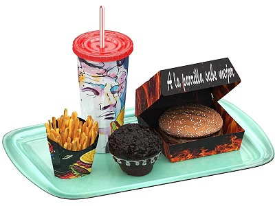 Appetizing Fast Food Combo with Hamburger French Fries Drink and Dessert on Green Tray 3d model