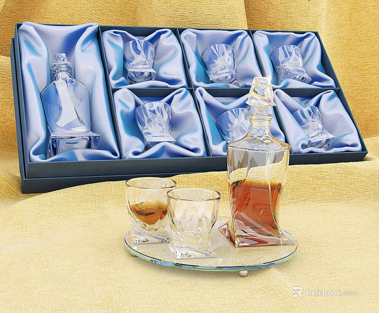 Elegant Crystal Whiskey Decanter and Glasses Set with Gift Box and Display Tray 3d model 