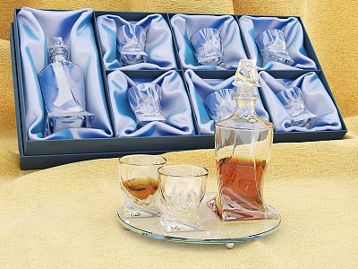 Elegant Crystal Whiskey Decanter and Glasses Set with Gift Box and Display Tray 3d model