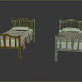 Two Double Beds With Wooden And Metal Frames Classic Headboard Footboard And Striped Bedspread