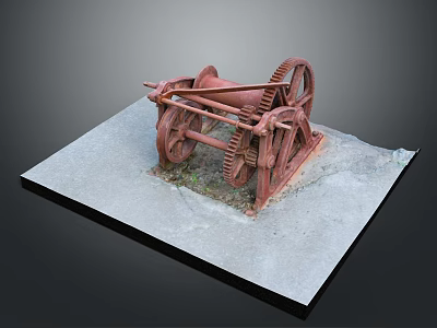 Old Red Mechanical Device With Large Gears On Concrete Platform And Weeds 3d model