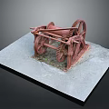 Old Red Mechanical Device With Large Gears On Concrete Platform And Weeds