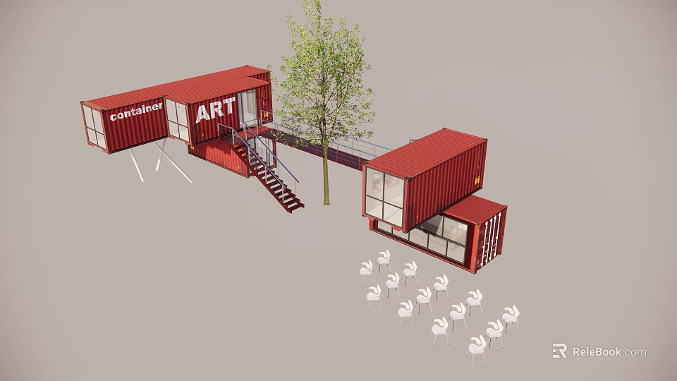 Red Shipping Container Building for Art Gallery and Coffee Shop with Outdoor Seating and Tree 3d model 