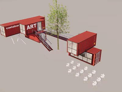 Red Shipping Container Building for Art Gallery and Coffee Shop with Outdoor Seating and Tree 3d model
