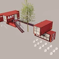 Red Shipping Container Building for Art Gallery and Coffee Shop with Outdoor Seating and Tree
