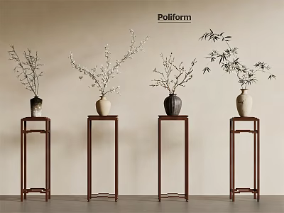 Modern Wooden Plant Stands With Ceramic Vases And Decorative Branches 3d model