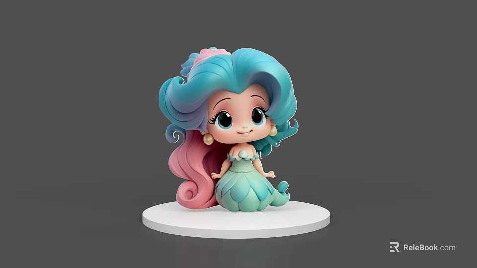 Cute Cartoon Game Movie Character With Blue Pink Curly Hair And Green Mermaid Tail 3d model 