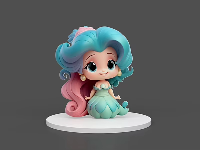 Cute Cartoon Game Movie Character With Blue Pink Curly Hair And Green Mermaid Tail 3d model
