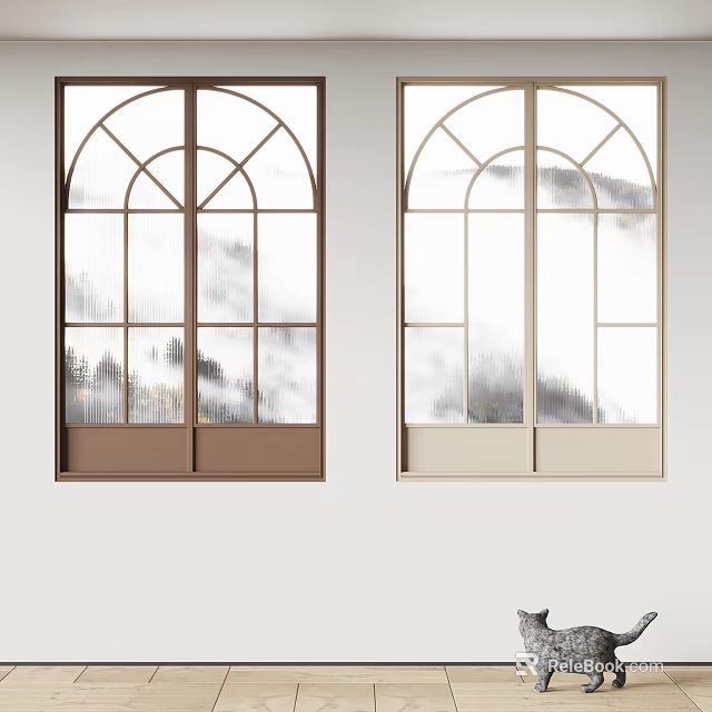 Two Arched Windows with Brown and Beige Frames Viewing Misty Mountain Scenery 3d model 