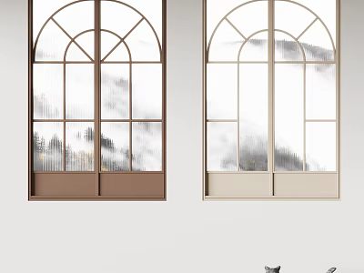 Two Arched Windows with Brown and Beige Frames Viewing Misty Mountain Scenery 3d model