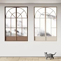 Two Arched Windows with Brown and Beige Frames Viewing Misty Mountain Scenery