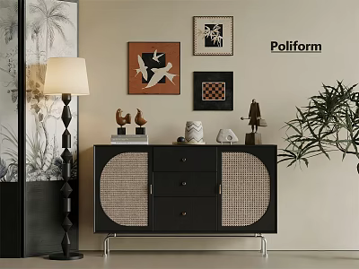 Black Entryway Side Cabinet With Wicker Doors Drawers Floor Lamp And Decorative Items 3d model