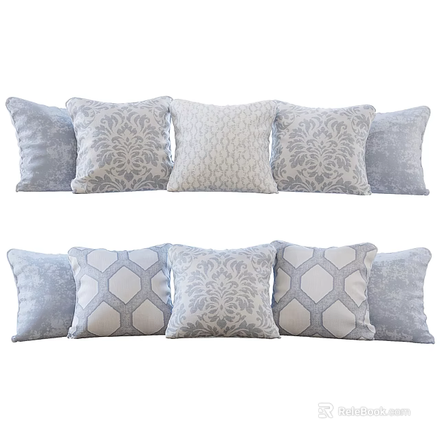 Decorative Throw Pillows with Modern Geometric and Damask Patterns in Soft Blue Gray Tones 3d model