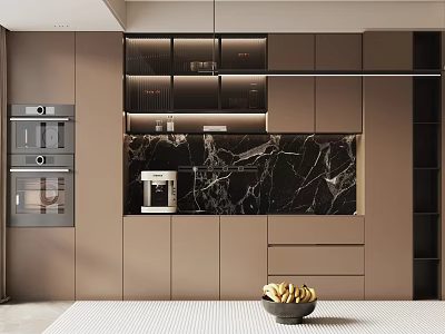 Modern Kitchen Sideboard Featuring Taupe Cabinets Black Marble Backsplash Built-in Appliances and LED Lighting 3d model