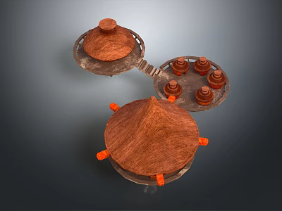 Playful Cartoon Scene With Brown Containers Round Lids And Small Orange Base Parts 3d model