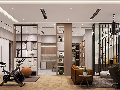 Modern Basement Interior With Fitness Area Lounge Staircase And Storage Elements 3d model